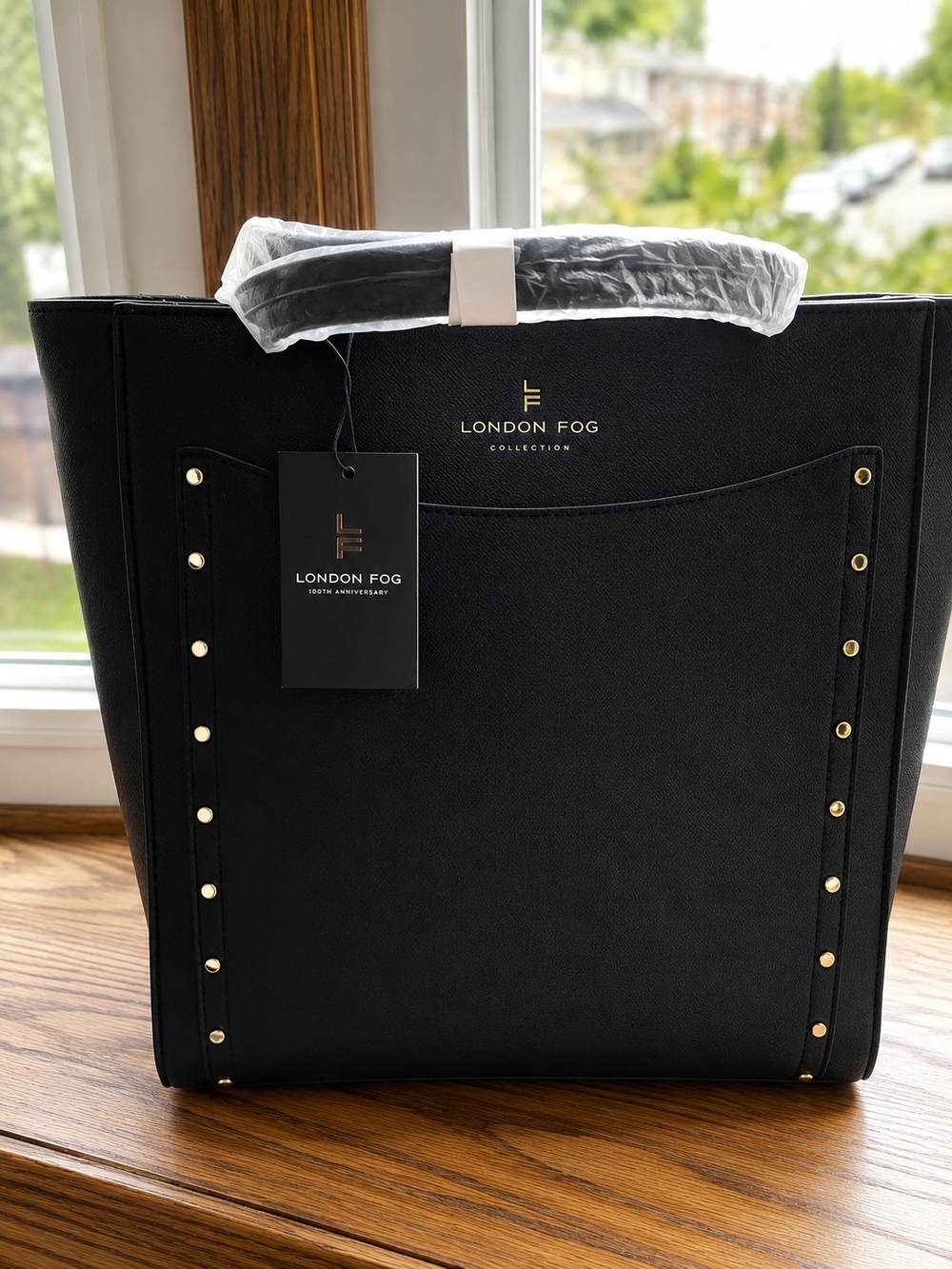 London Fog Black Tote with Gold Stud Accents